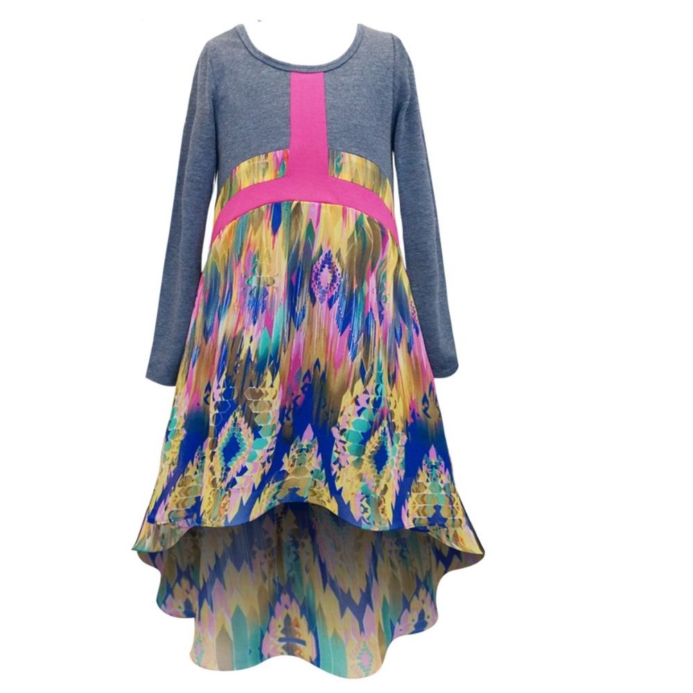 Truly Me  Knit-n-Printed Chiffon Long Sleeve High Low Dress